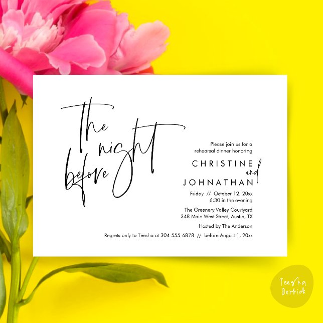 Invitación La noche anterior, Boda ensayó la cena (The night before, Casual Modern Wedding Rehearsal Dinner Invitation Card PDF Black White)