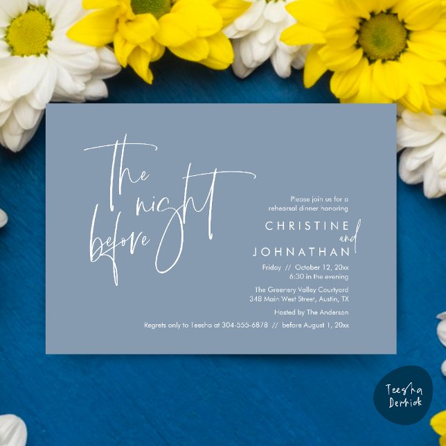 Invitación La noche anterior, Boda ensayó la cena (The night before, Casual Modern Wedding Rehearsal Dinner Invitation Card PDF Dusty Blue)