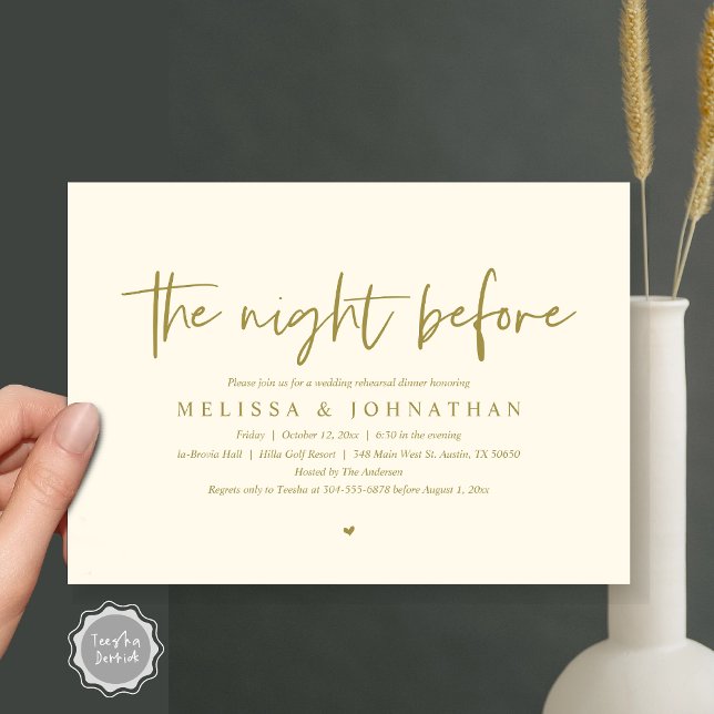 Invitación La noche anterior, Boda ensayó la cena (The Night Before, Wedding Rehearsal Dinner Invitation Card, Modern Casual Script, in classy gold)