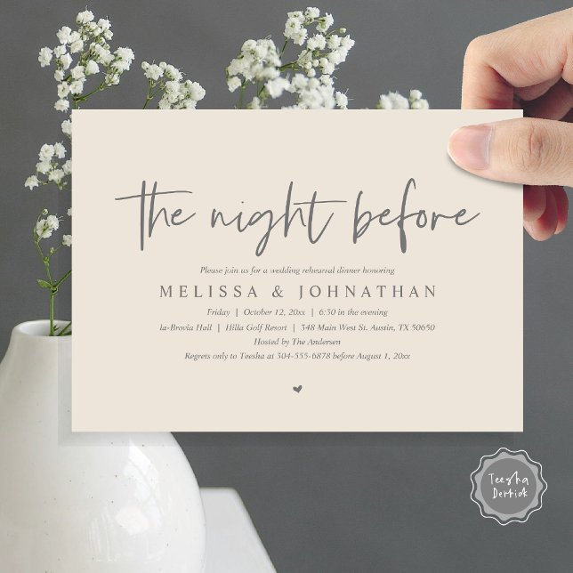 Invitación La noche anterior, Boda ensayó la cena (The Night Before, Wedding Rehearsal Dinner Invitation Card, Modern Casual Script, in grey cream)