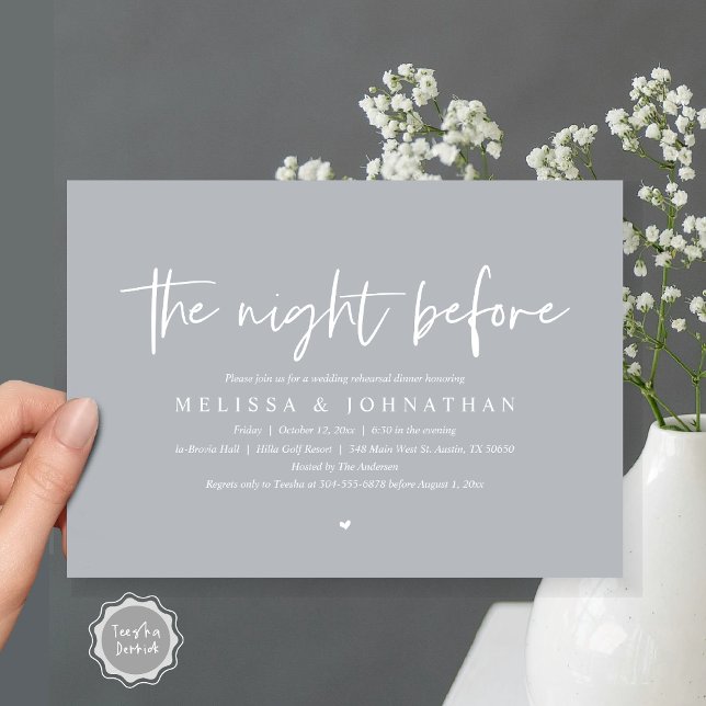 Invitación La noche anterior, Boda ensayó la cena (The Night Before, Wedding Rehearsal Dinner Invitation Card, Modern Casual Script, in chill grey)