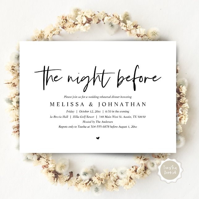 Invitación La noche anterior, Boda ensayó la cena (The Night Before, Wedding Rehearsal Dinner Invitation Card, Modern Casual Script, in Black and White)