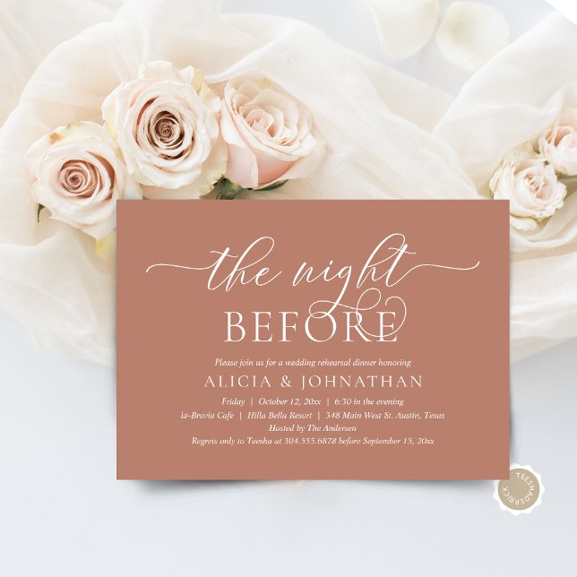 Invitación La Noche Anterior, Cena de Ensayo de Boda Moderna (The Night Before, Wedding Rehearsal Dinner Invitation Card, in Modern Contemporary Terracotta Earthy)
