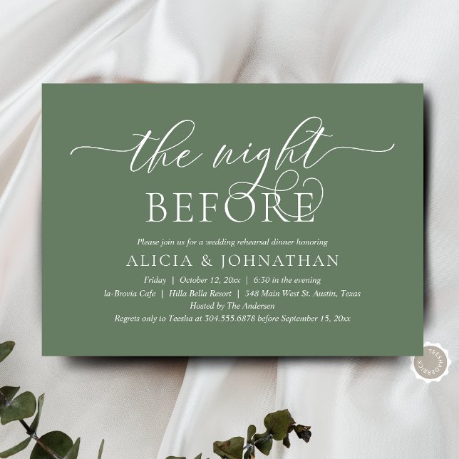 Invitación La Noche Anterior, Cena de Ensayo de Boda Moderna (The Night Before, Wedding Rehearsal Dinner Invitation Card, in Modern Rustic Sage Green Greenery)