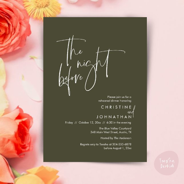 Invitación La noche anterior, Cena de ensayo del Boda Casual (The night before, Casual Modern Wedding Rehearsal Dinner Invitation Card PDF Olive Green)