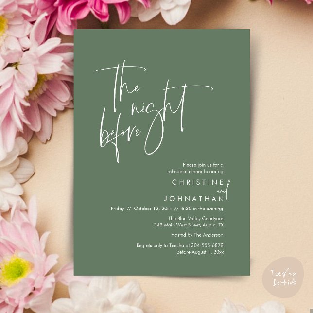 Invitación La noche anterior, Cena de ensayo del Boda Casual (The night before, Casual Modern Wedding Rehearsal Dinner Invitation Card PDF Sage Green)