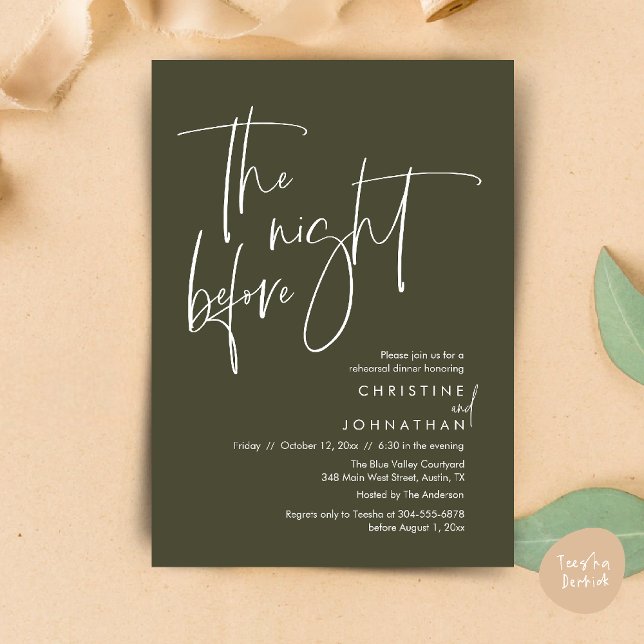 Invitación La noche anterior, Cena de ensayo del Boda Casual (The night before, Casual Modern Wedding Rehearsal Dinner Invitation Card PDF Olive Green)