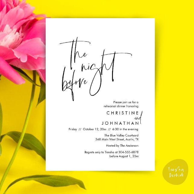 Invitación La noche anterior, Cena de ensayo del Boda Casual (The night before, Casual Modern Wedding Rehearsal Dinner Invitation Card PDF Black White)
