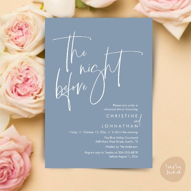 Invitación La noche anterior, Cena de ensayo del Boda Casual (The night before, Casual Modern Wedding Rehearsal Dinner Invitation Card PDF Dusty Blue)