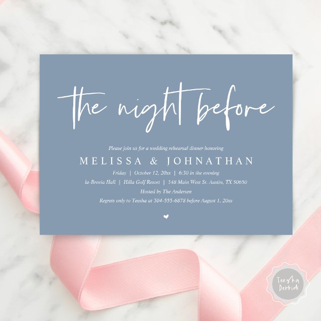 Invitación La noche anterior, el ensayo Boda moderno (The Night Before Wedding Rehearsal Dinner Invitation Card, PDF, Modern Minimalist Dusty Blue)