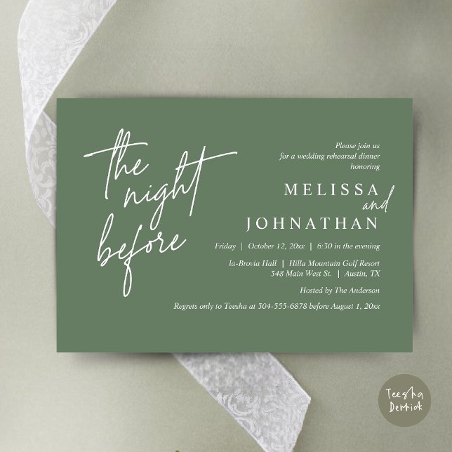 Invitación La noche anterior, el ensayo Boda moderno (The Night Before, Modern Wedding Rehearsal Dinner Modern Invitation Card, PDF, in Forest Sage Green)
