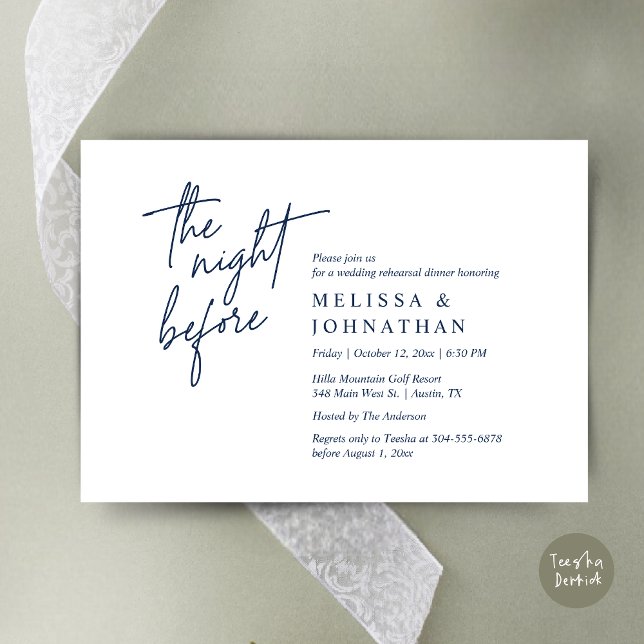 Invitación La noche anterior, el ensayo Boda moderno (The Night Before, Modern Wedding Rehearsal Dinner Modern Invitation Card, PDF, in Navy Blue)