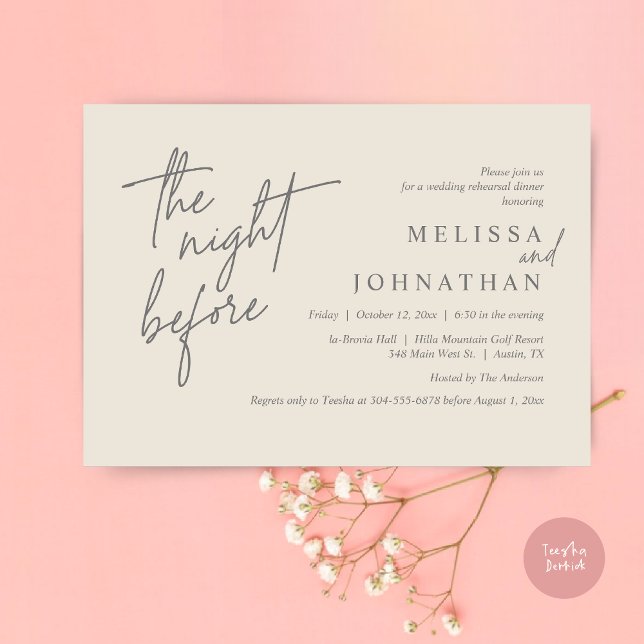 Invitación La noche anterior, el ensayo Boda moderno (The Night Before, Modern Wedding Rehearsal Dinner Modern Invitation Card, PDF, in Cream Dark Grey)