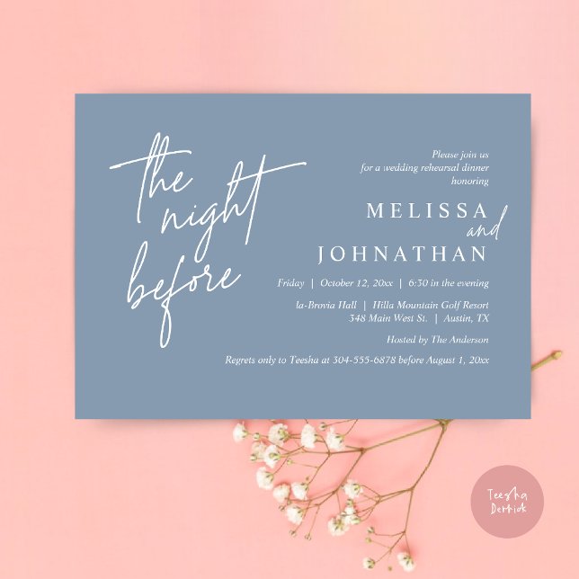 Invitación La noche anterior, el ensayo Boda moderno (The Night Before, Modern Wedding Rehearsal Dinner Modern Invitation Card, PDF, in Dusty Blue)