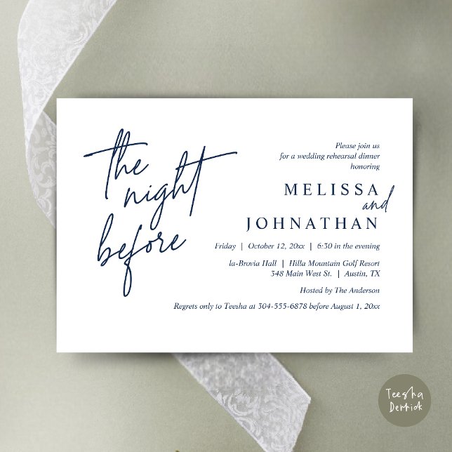 Invitación La noche anterior, el ensayo Boda moderno (The Night Before, Modern Wedding Rehearsal Dinner Modern Invitation Card, PDF, in Navy Blue)