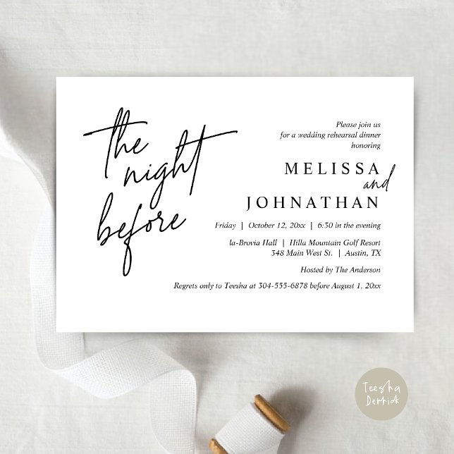 Invitación La noche anterior, el ensayo Boda moderno (The Night Before, Modern Wedding Rehearsal Dinner Modern Invitation Card, PDF, in Black and White)