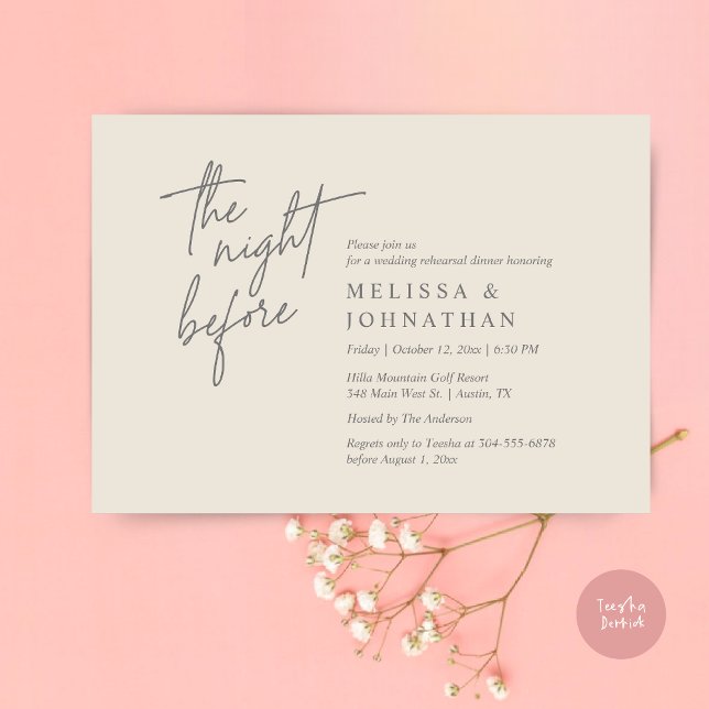 Invitación La noche anterior, el ensayo Boda moderno (The Night Before, Modern Wedding Rehearsal Dinner Modern Invitation Card, PDF, in Cream Dark Grey)