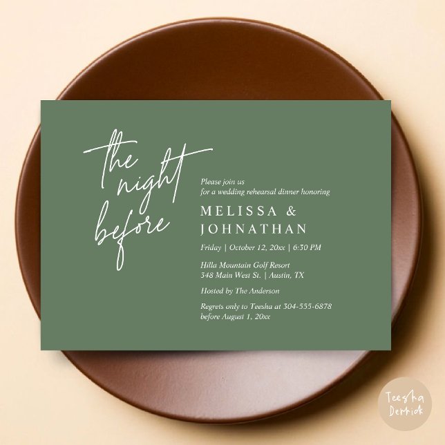 Invitación La noche anterior, el ensayo Boda moderno (The Night Before, Modern Wedding Rehearsal Dinner Modern Invitation Card, PDF, in Forest Sage Green)