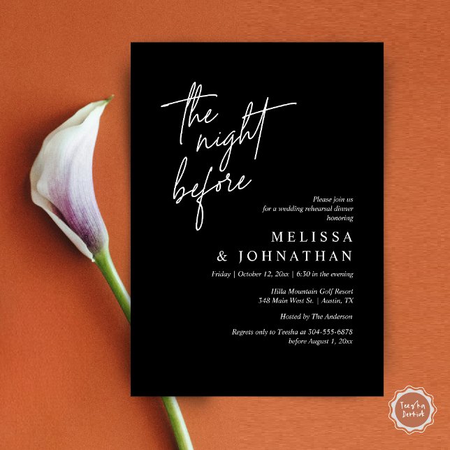 Invitación La noche anterior, el ensayo Boda moderno (The Night Before, Modern Wedding Rehearsal Dinner Modern Invitation Card, PDF, in Classy Black)