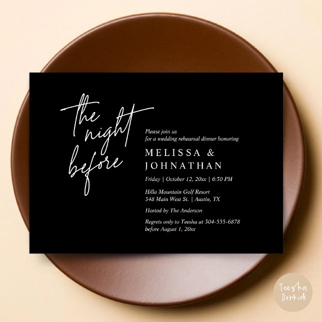 Invitación La noche anterior, el ensayo Boda moderno (The Night Before, Modern Wedding Rehearsal Dinner Modern Invitation Card, PDF, in Classy Black)