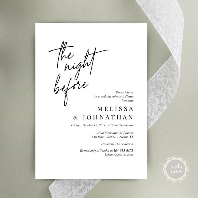 Invitación La noche anterior, el ensayo Boda moderno (The Night Before, Modern Wedding Rehearsal Dinner Modern Invitation Card, PDF, in Black and White)