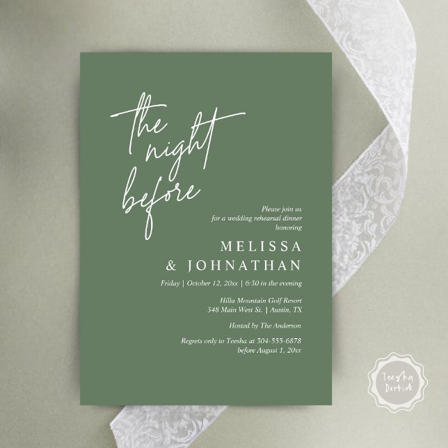 Invitación La noche anterior, el ensayo Boda moderno (The Night Before, Modern Wedding Rehearsal Dinner Modern Invitation Card, PDF, in Forest Sage Green)