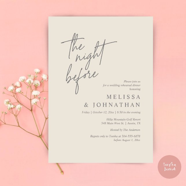 Invitación La noche anterior, el ensayo Boda moderno (The Night Before, Modern Wedding Rehearsal Dinner Modern Invitation Card, PDF, in Cream Dark Grey)