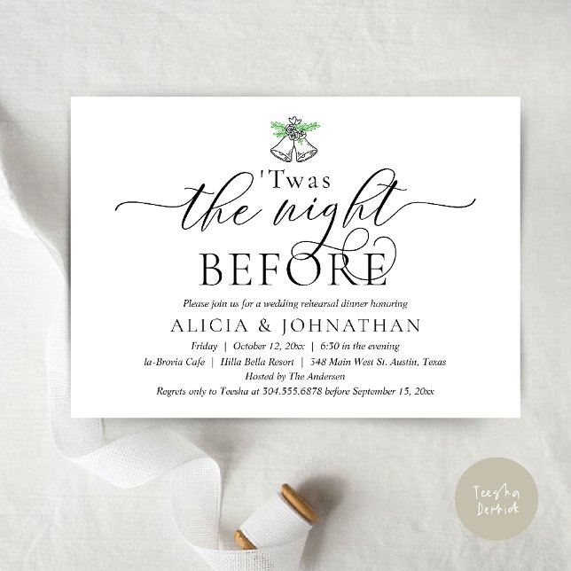 Invitación La noche anterior, el ensayo Boda moderno (The Night Before, Twas Wedding Rehearsal Dinner Party Invites mistletoe wedding bell Black White)