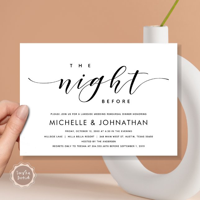 Invitación La noche anterior, el ensayo Boda moderno (The Night Before, Modern Wedding Rehearsal Dinner Invitation Card, Printed and File, in Black White.)