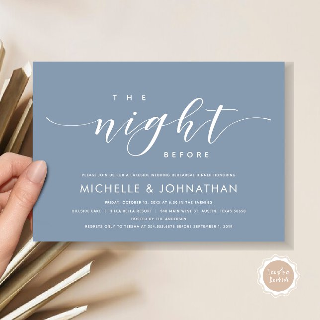 Invitación La noche anterior, el ensayo Boda moderno (The Night Before, Modern Wedding Rehearsal Dinner Invitation Card, in Dusty Blue)