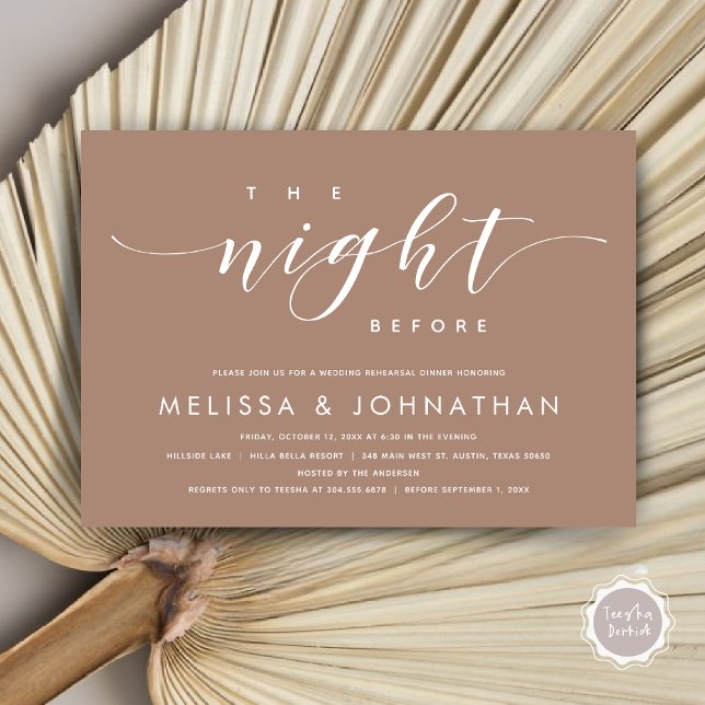 Invitación La noche anterior, el ensayo Boda moderno (The Night Before, Modern Wedding Rehearsal Dinner Invitation Card, PDF, in Neutral Taupe Earthy)