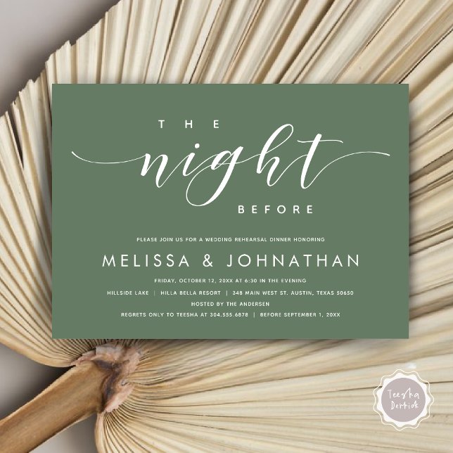 Invitación La noche anterior, el ensayo Boda moderno (The Night Before, Modern Wedding Rehearsal Dinner Invitation Card, PDF, in Forest Sage Green)