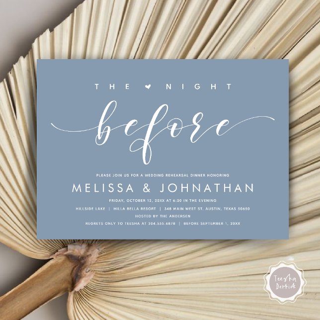 Invitación La noche anterior, el ensayo Boda moderno (The Night Before, Modern Wedding Rehearsal Dinner Invitation Card, PDF, in Dusty Blue)