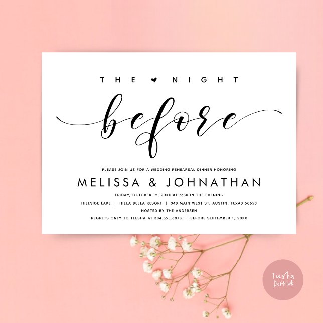 Invitación La noche anterior, el ensayo Boda moderno (The Night Before, Modern Wedding Rehearsal Dinner Invitation Card, PDF, in Black and White)