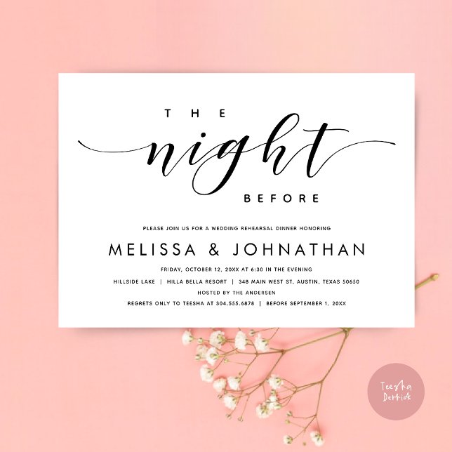 Invitación La noche anterior, el ensayo Boda moderno (The Night Before, Modern Wedding Rehearsal Dinner Invitation Card, PDF, in Black and White)