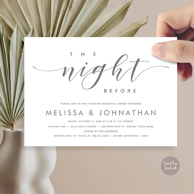 Invitación La noche anterior, el ensayo Boda moderno (The Night Before, Modern Wedding Rehearsal Dinner Invitation Card, PDF, in Dark Grey)