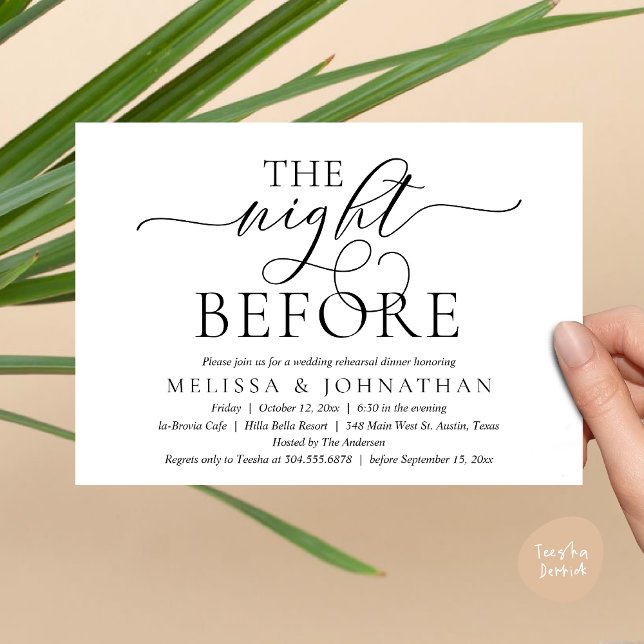 Invitación La noche anterior, el ensayo Boda moderno (The Night Before, Modern Wedding Rehearsal Dinner Party Invitation Card, PDF, Black white)
