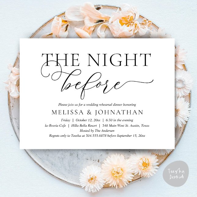 Invitación La noche anterior, el ensayo Boda moderno (The Night Before, Romantic Wedding Rehearsal Dinner Invitation Card, PDF, Black white)