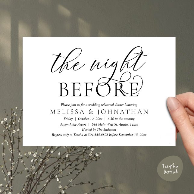 Invitación La noche anterior, el ensayo Boda moderno (The Night Before, Modern Wedding Rehearsal Dinner Invitation Card, PDF, Classy Elegant, White Black)