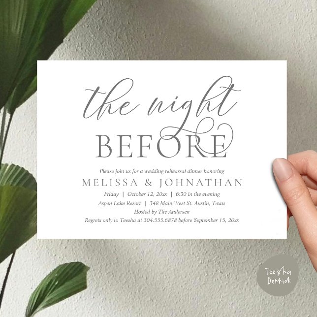Invitación La noche anterior, el ensayo Boda moderno (The Night Before, Modern Wedding Rehearsal Dinner Invitation Card, PDF, Classy Elegant, Dark Grey)