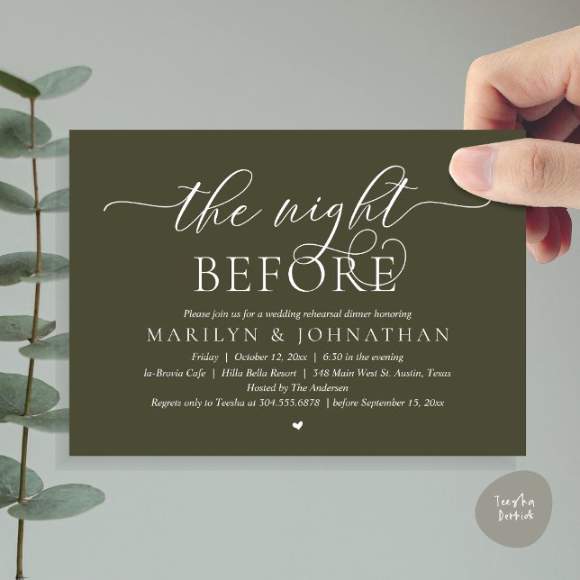 Invitación La noche anterior, el ensayo Boda perfecto (The Night Before, Perfect Wedding Rehearsal Dinner Modern Classy Invitation Card, PDF, Olive Green)
