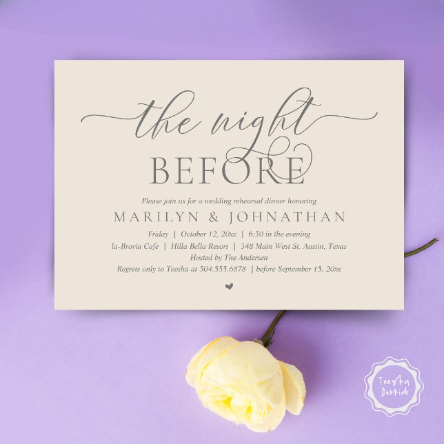 Invitación La noche anterior, el ensayo Boda perfecto (The Night Before, Perfect Wedding Rehearsal Dinner Modern Classy Invitation Card, PDF, Cream Grey)