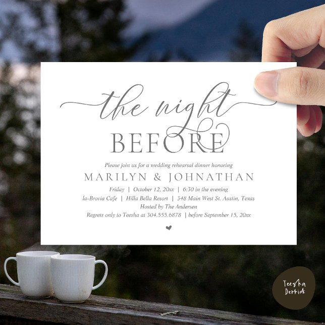 Invitación La noche anterior, el ensayo Boda perfecto (The Night Before, Perfect Wedding Rehearsal Dinner Modern Classy Invitation Card, PDF, Dark Grey)