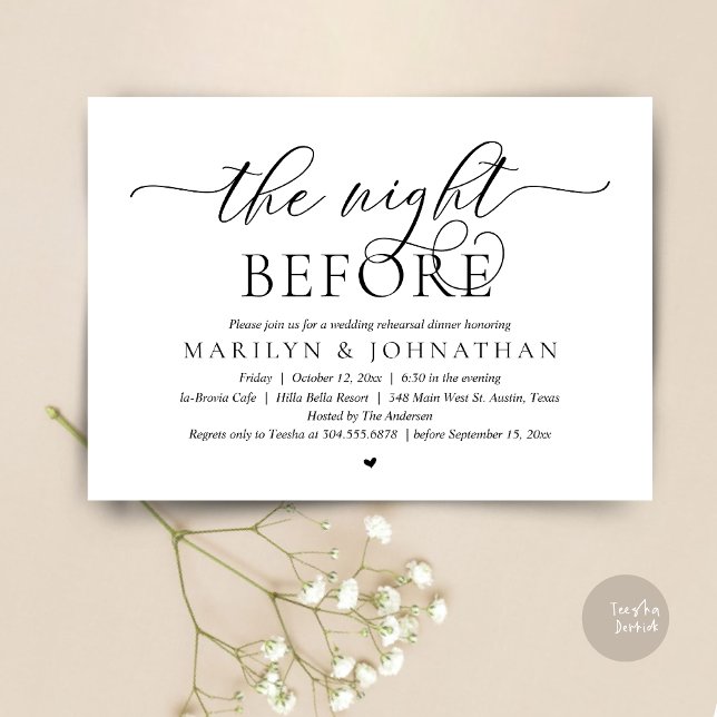 Invitación La noche anterior, el ensayo Boda perfecto (The Night Before, Perfect Wedding Rehearsal Dinner Modern Classy Invitation Card, PDF, Black White)