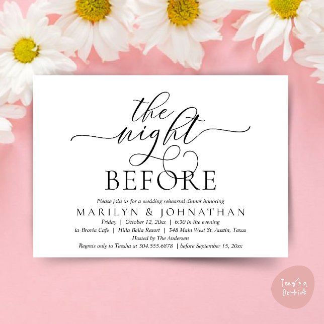 Invitación La noche anterior, el ensayo de la cena Boda (The Night Before, Classy Romantic Wedding Rehearsal Dinner Party Invitation Card PDF in Black White)