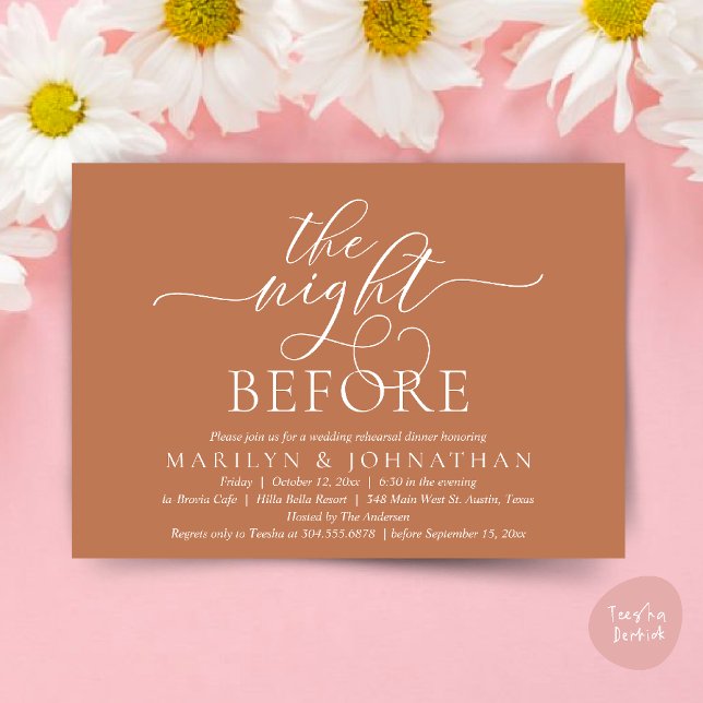 Invitación La noche anterior, el ensayo de la cena Boda (The Night Before, Classy Romantic Wedding Rehearsal Dinner Party Invitation Card PDF in Copper Brown)