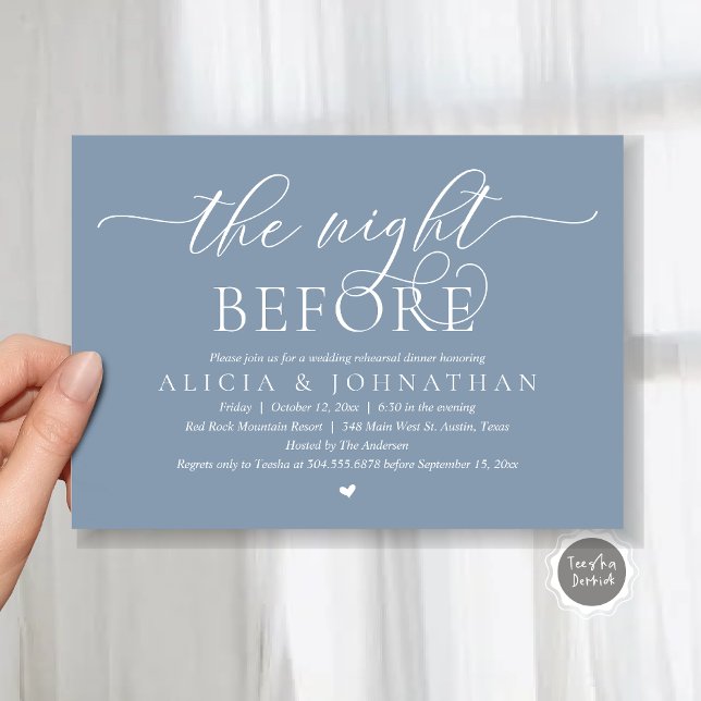 Invitación La noche anterior, el ensayo de la cena Boda (The Night Before, Classy Romantic Wedding Rehearsal Dinner Invitation Card, PDF, Dusty Blue)