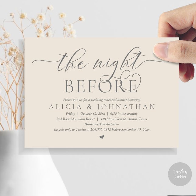 Invitación La noche anterior, el ensayo de la cena Boda (The Night Before, Wedding Rehearsal Dinner Invitation Card, PDF, Cream Grey)