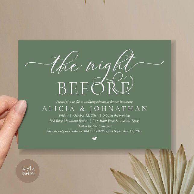 Invitación La noche anterior, el ensayo de la cena Boda (The Night Before, Classy Romantic Wedding Rehearsal Dinner Invitation Card, PDF, Forest Sage Green)