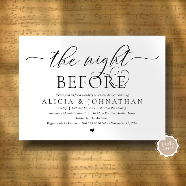 Invitación La noche anterior, el ensayo de la cena Boda (The Night Before, Classy Romantic Wedding Rehearsal Dinner Invitation Card, PDF, White Black)